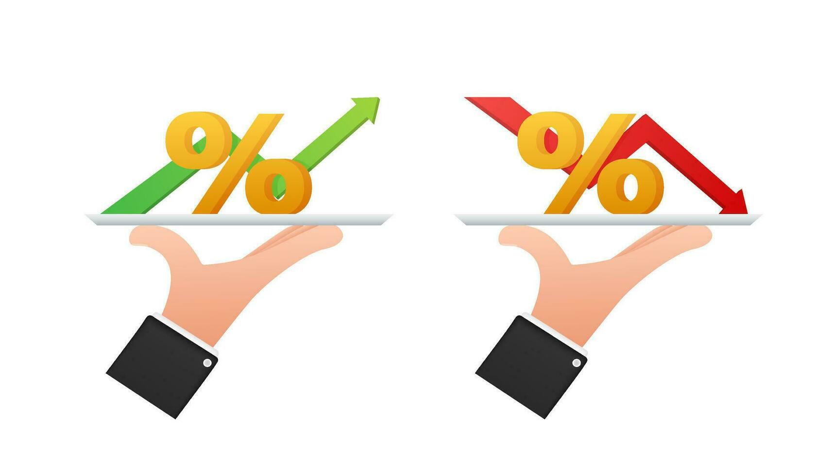 Hands with tray, percentage with arrow up and down. Banking, credit, interest rate. Vector stock illustration