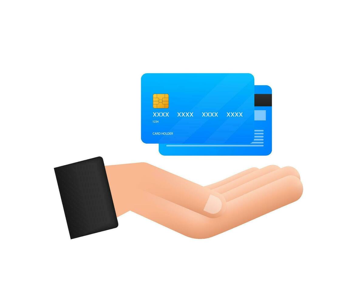 Blue simple credit card with hands template on white background. Vector Illustration