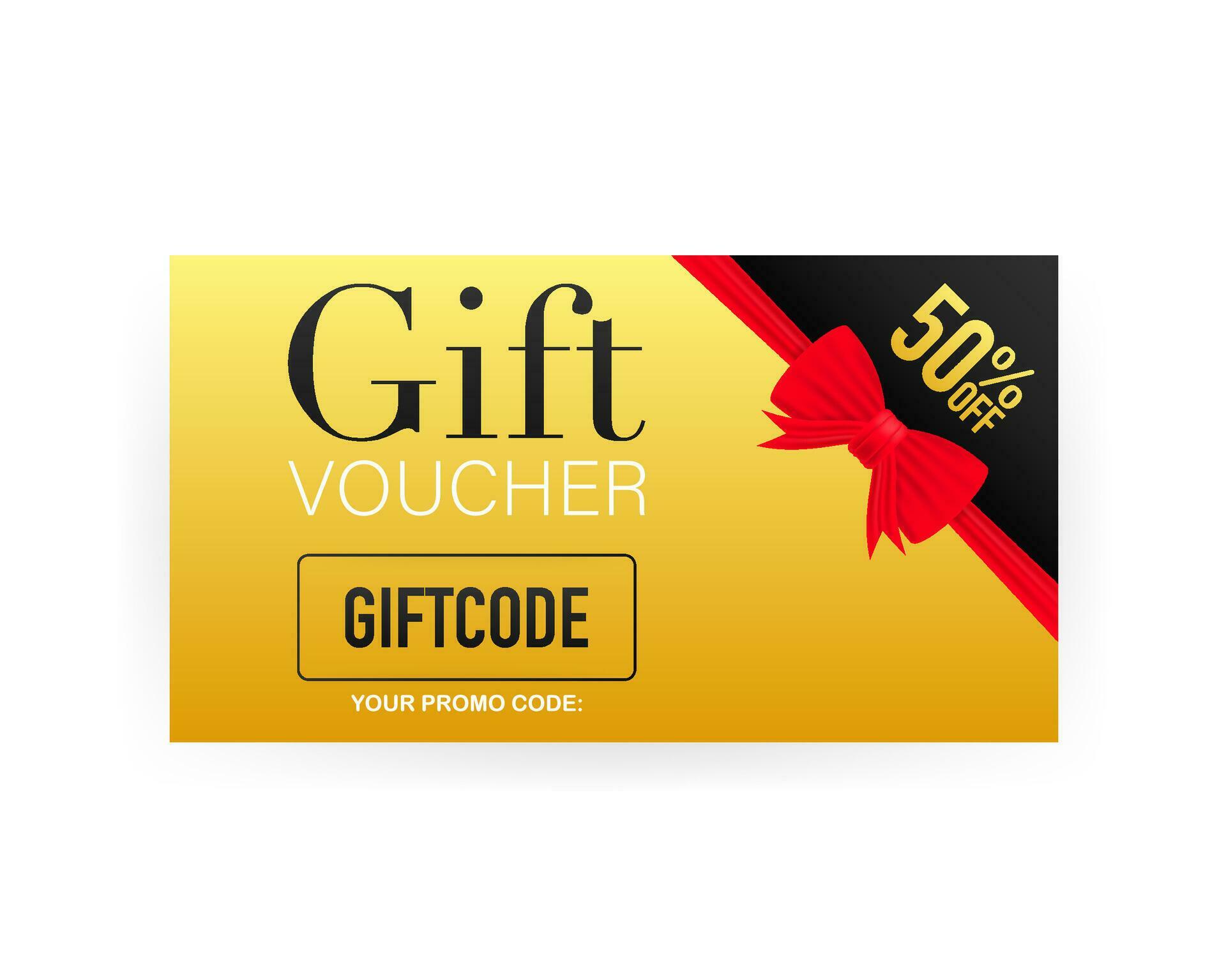 Template gold gift card. Promo code. Vector Gift Voucher with Coupon