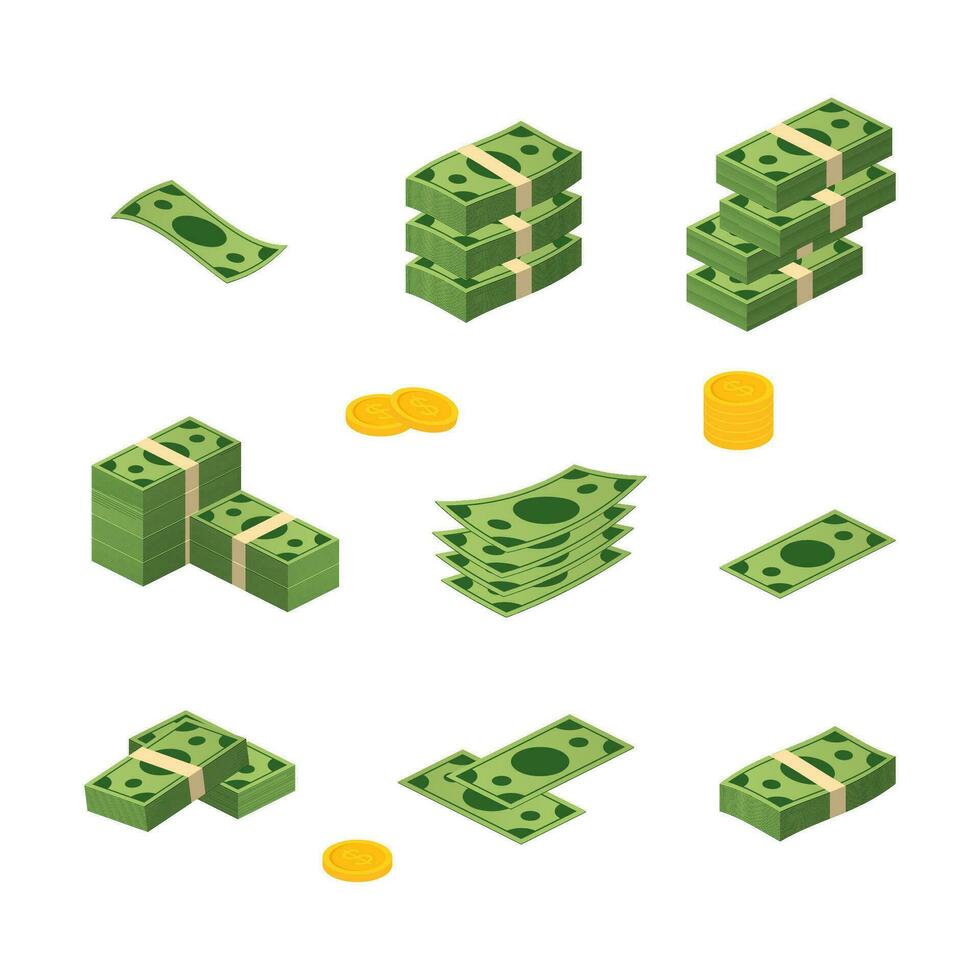 Various money bills dollar cash paper bank notes vector set. Money cash heap. Vector illustration.