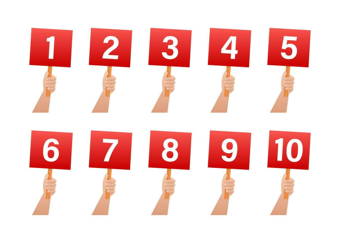 Cartoon card with jury rate. Hands holding score cards with numbers. vector