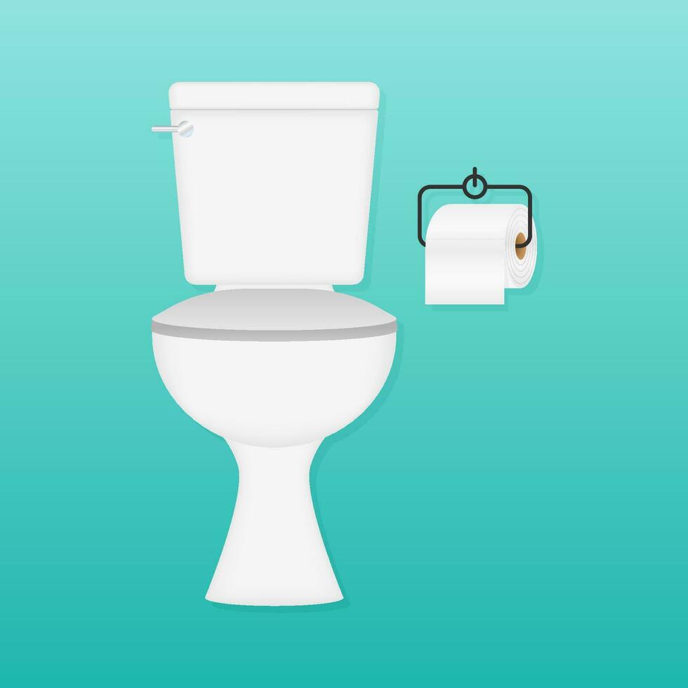 White ceramics clean toilet with toilet paper on the wall. Toilet room. Vector stock illustration