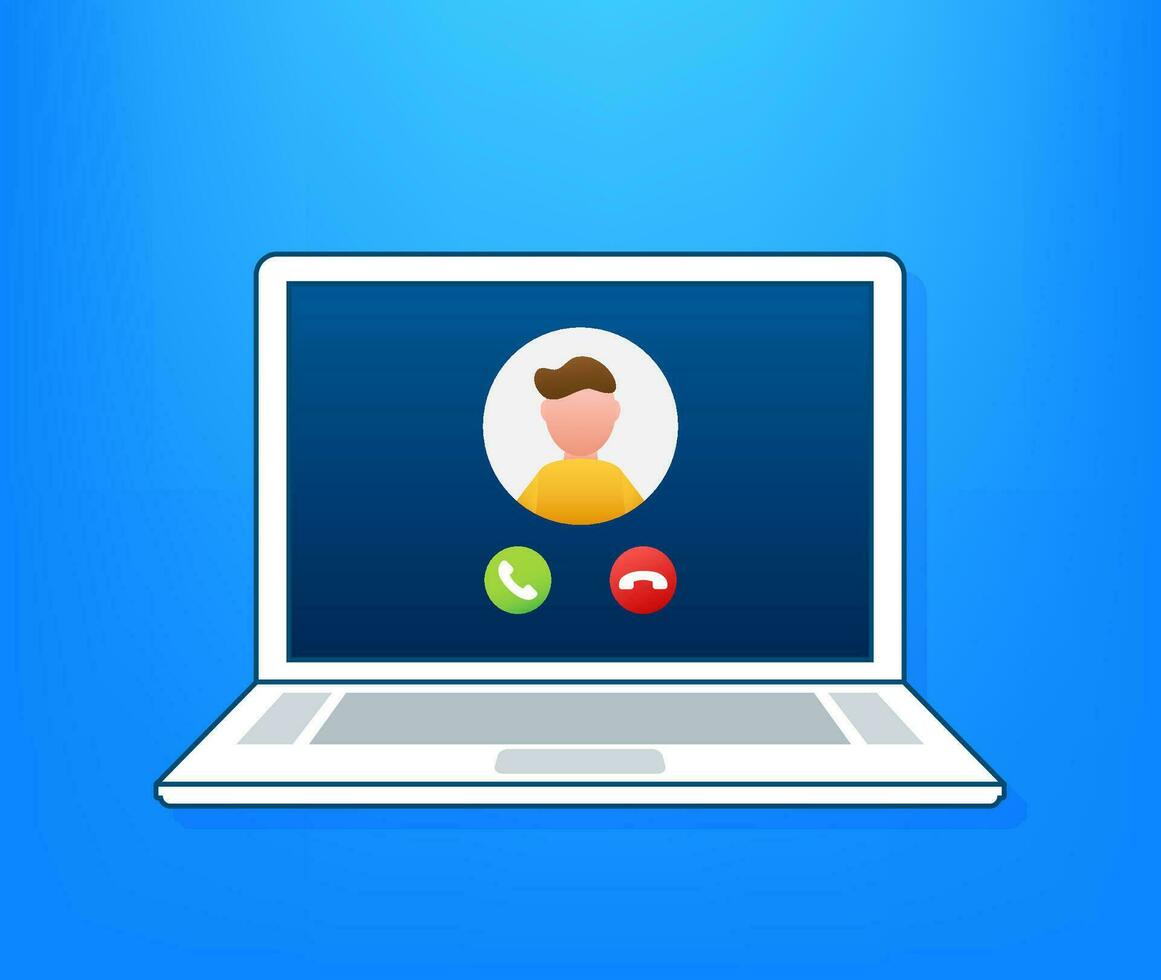 Incoming video call on laptop. Laptop with incoming call, man profile picture and accept decline buttons. Vector stock illustration