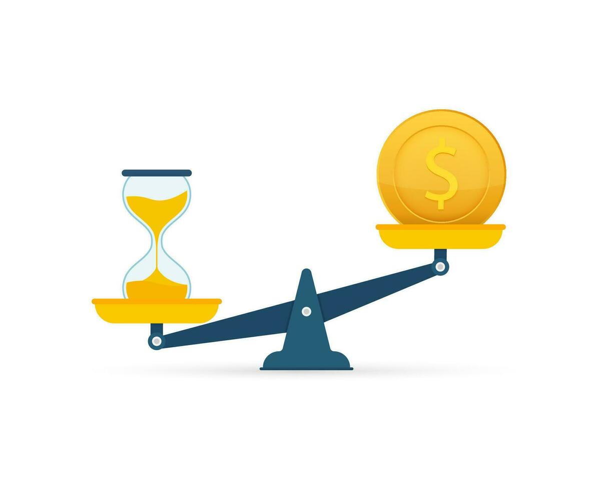 Time is money on scales icon. Money and time balance on scale. Vector stock illustration