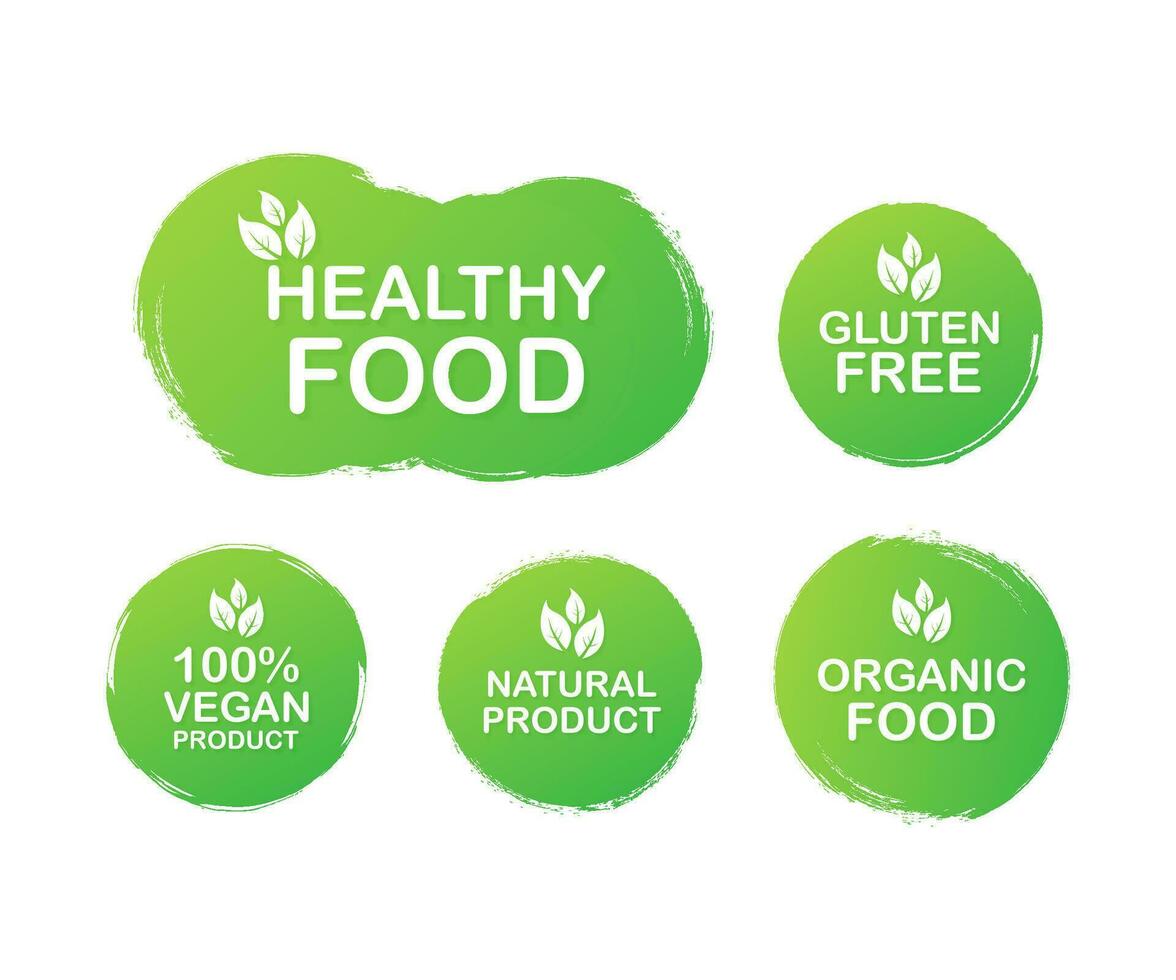 Vector set colorful labels for food, nutrition. Collection icons. Healthy food, gluten free, 100 vegan food, natural product, organic food. Vector illustration.