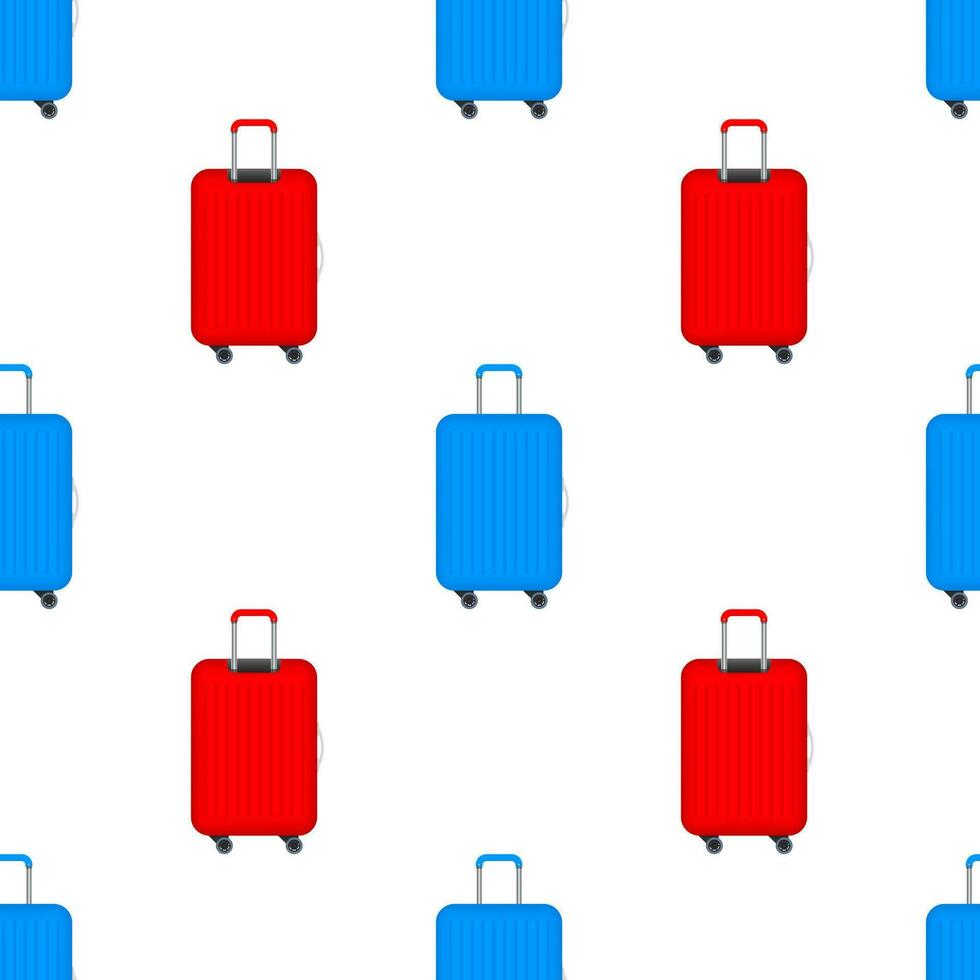 Blue travel plastic suitcase with wheels realistic pattern on white background. Vector stock illustration