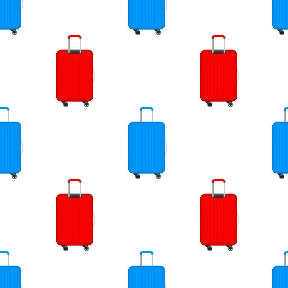 Blue travel plastic suitcase with wheels realistic pattern on white background. Vector stock illustration