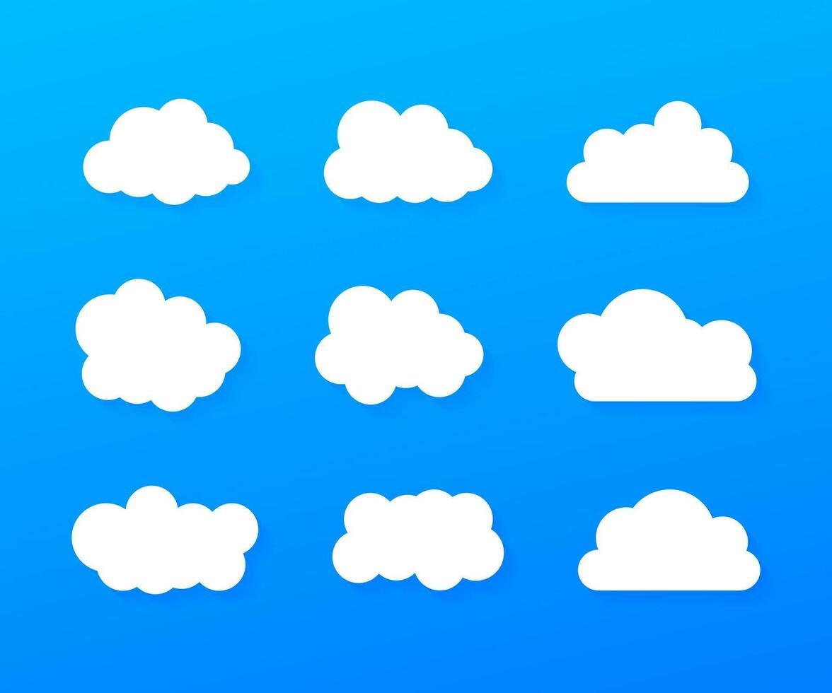 Set of blue sky, clouds. Cloud icon, cloud shape. Set of different clouds. Collection of cloud icon. Vector illustration.