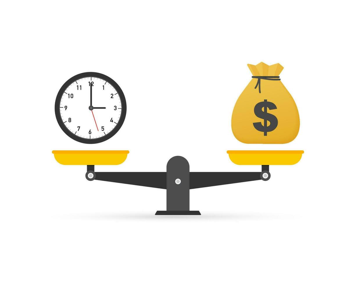 Time is money on scales icon. Money and time balance on scale. Vector illustration.