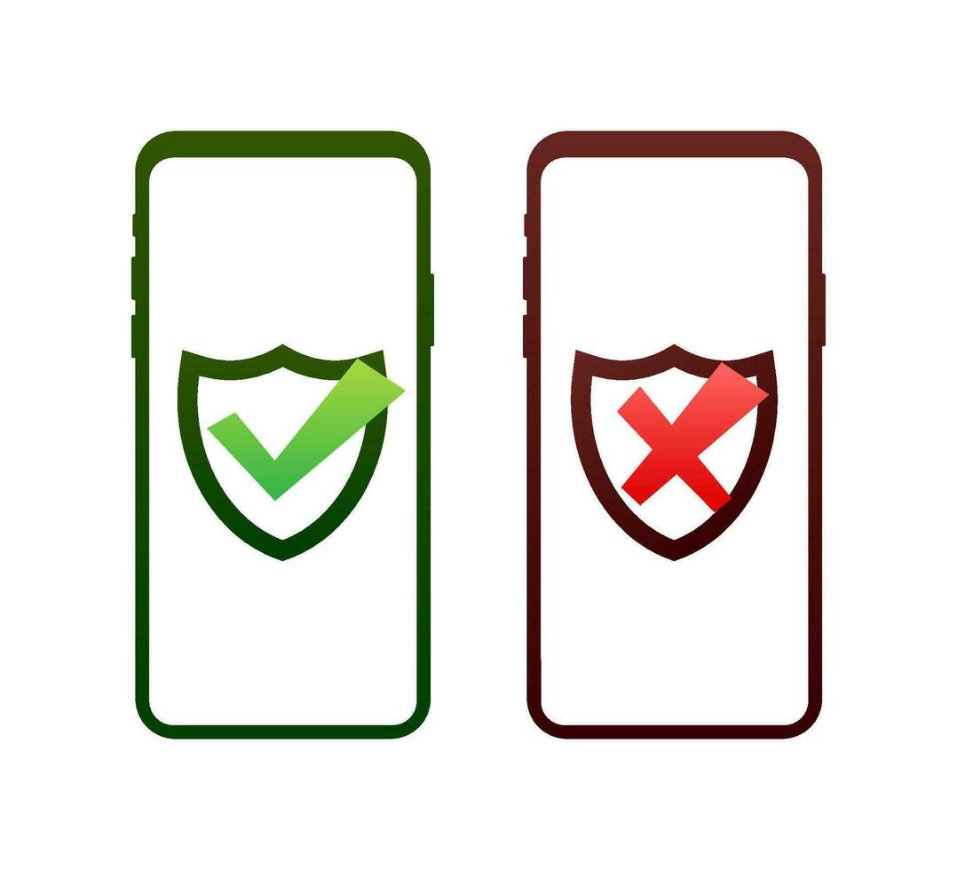 Smartphones with checkmarks set. Tick and cross check marks. Vector stock illustration