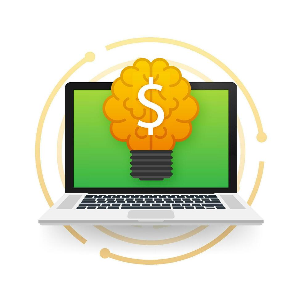 Flat idea for concept design. Lightbulb icon on laptop screen. Idea, solution, business, strategy concept. Vector stock illustration