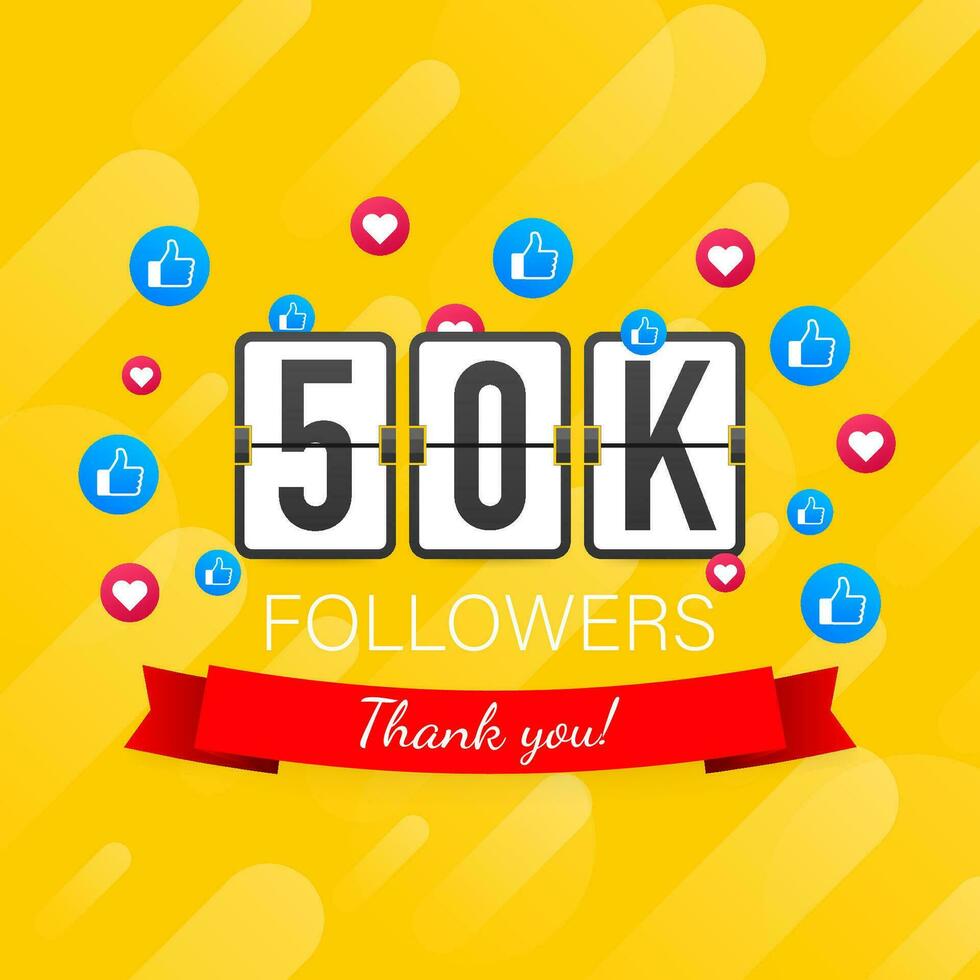 50k seguidores, gracias tú, social sitios correo. gracias usted seguidores felicidades tarjeta. vector valores ilustración.