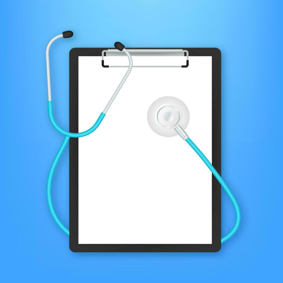 Stethoscopes and clipboard, medical equipment for doctor. Vector stock illustration.