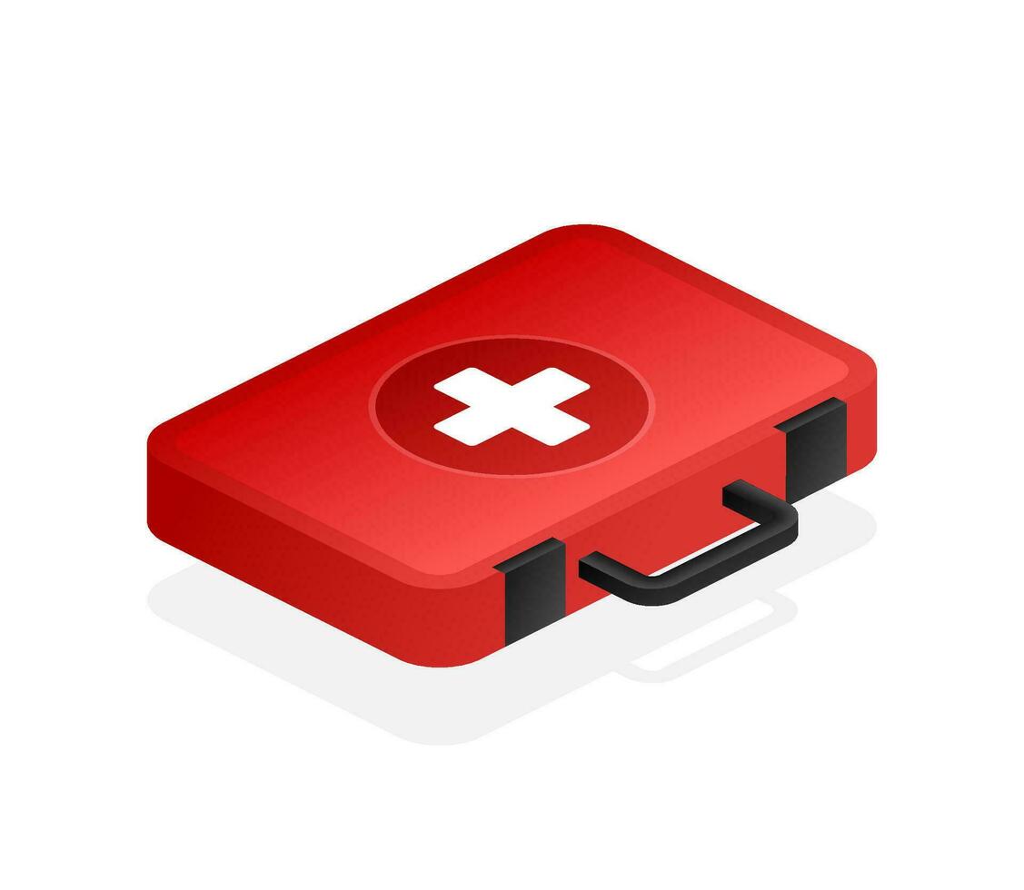 Cartoon icon with red first aid on white background for medical design. Flat vector illustration.