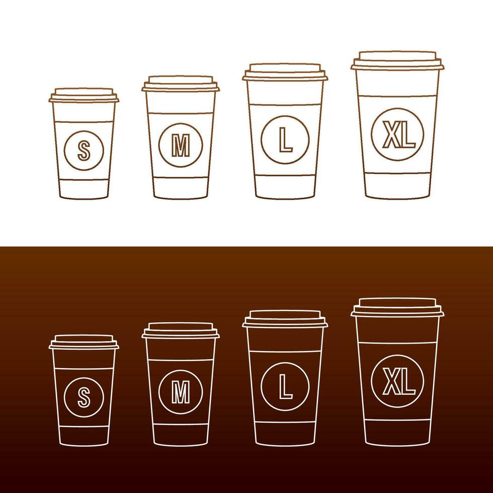 Flat template with size coffee cups on white background for paper design. Mockup template. Flat line vector illustration