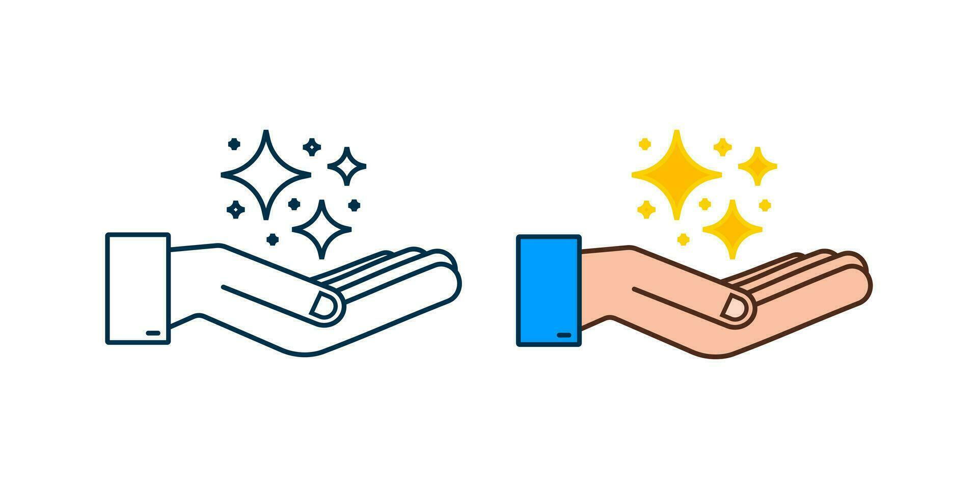 Yellow sparkles symbols in hands. The set of original vector stars sparkle icon. Bright firework, decoration twinkle, shiny flash. vector illustration