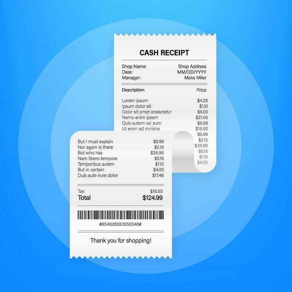 Receipts vector illustration of realistic payment paper bills for cash or credit card transaction. Vector stock illustration