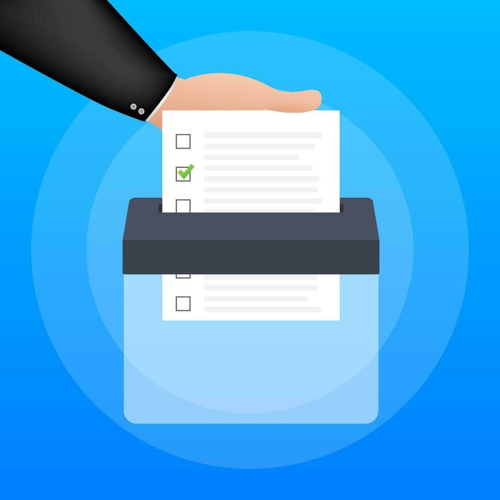 Hand puts vote bulletin into vote box. Voting concept. Ballot box. Vector stock illustration