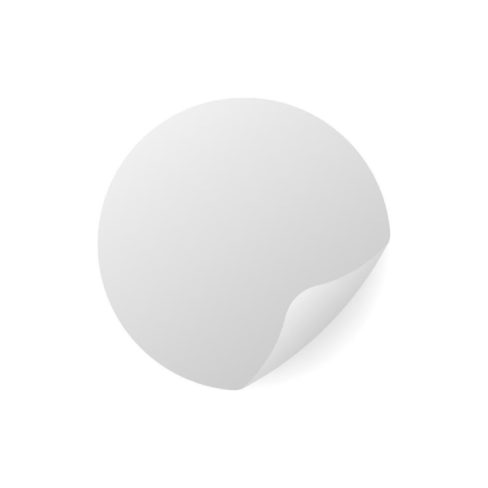 Round blank white paper sticker with peeled off corner, vector mock up