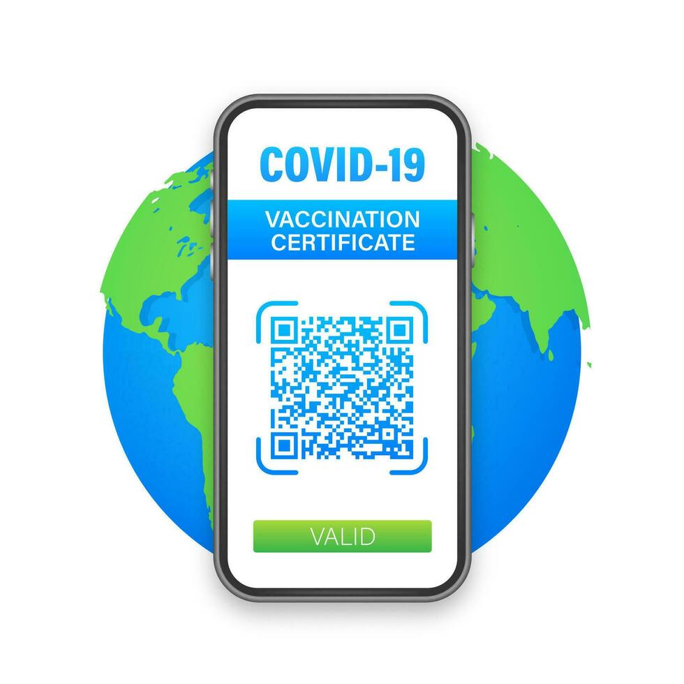 vacunación digital certificado en teléfono inteligente teléfono pantalla con qr código y pasar cheque marca vacunado salud pasaporte. vector valores ilustración