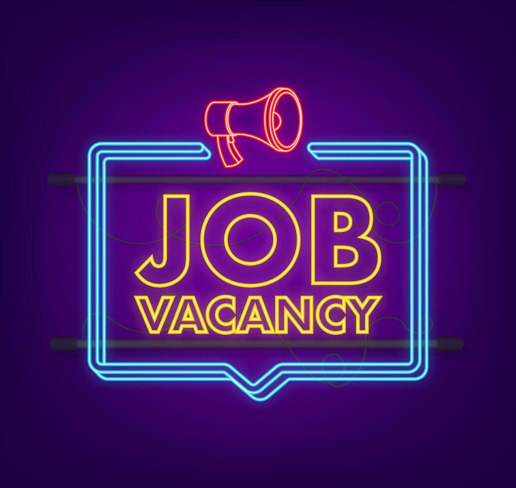Flat red Megaphone with Job vacancy. Neon icon. Vector illustration