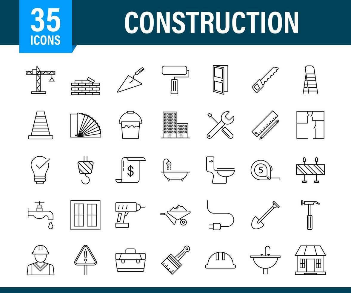 Outline web icons set. Construction and home repair tools, building. Work safety. Vector stock illustration