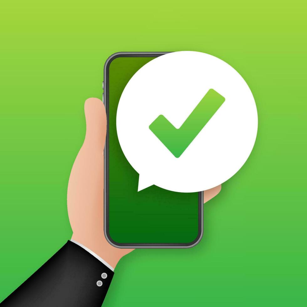 Smartphone with checkmark or tick notification in bubble. Approved choice. Accept or approve checkmark. Vector stock illustration