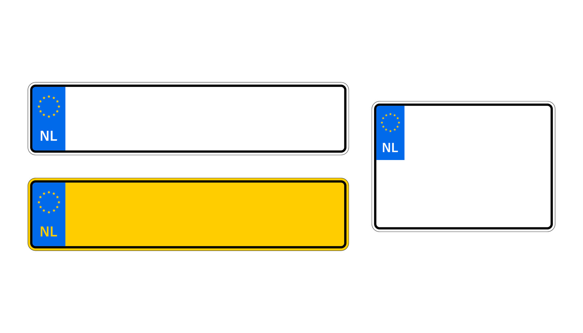 Vehicle registration plates of Netherlands. EU country identifier. blue