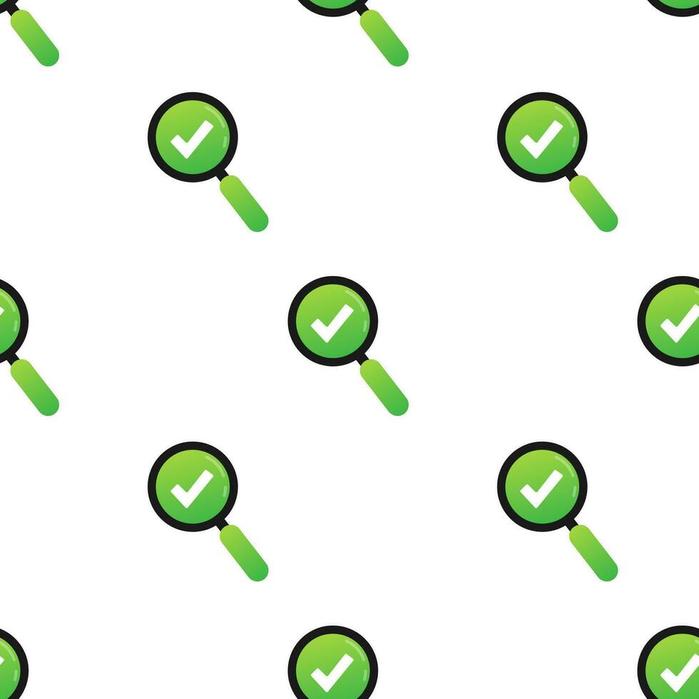 Checkmark with loupe. Green approved pattern on white background. Vector stock illustration