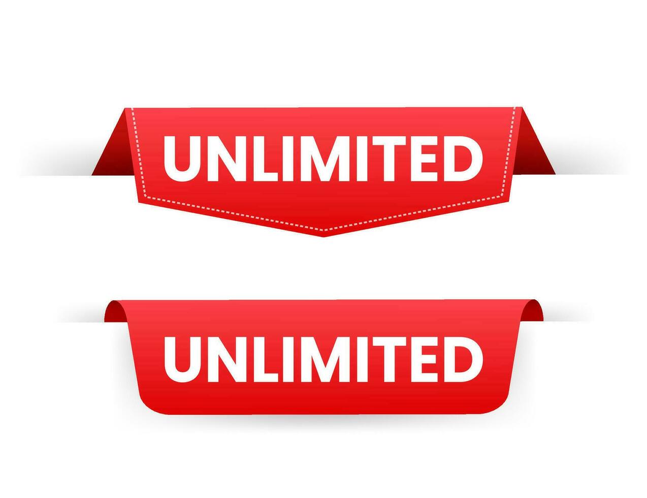 Red ribbon on Unlimited text on white background. Promotion sign. Vector stock illustration.