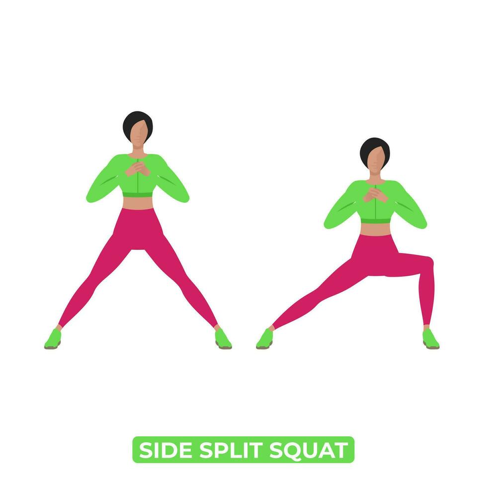 Vector Woman Doing Side Split Squat. Bodyweight Fitness Legs Workout Exercise. An Educational Illustration On A White Background.