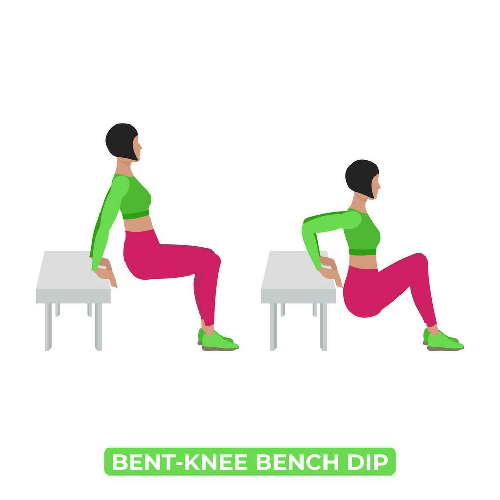 Vector Woman Doing Bent Knee Triceps Bench Dip. Bodyweight Fitness Arms Workout Exercise. An Educational Illustration On A White Background.