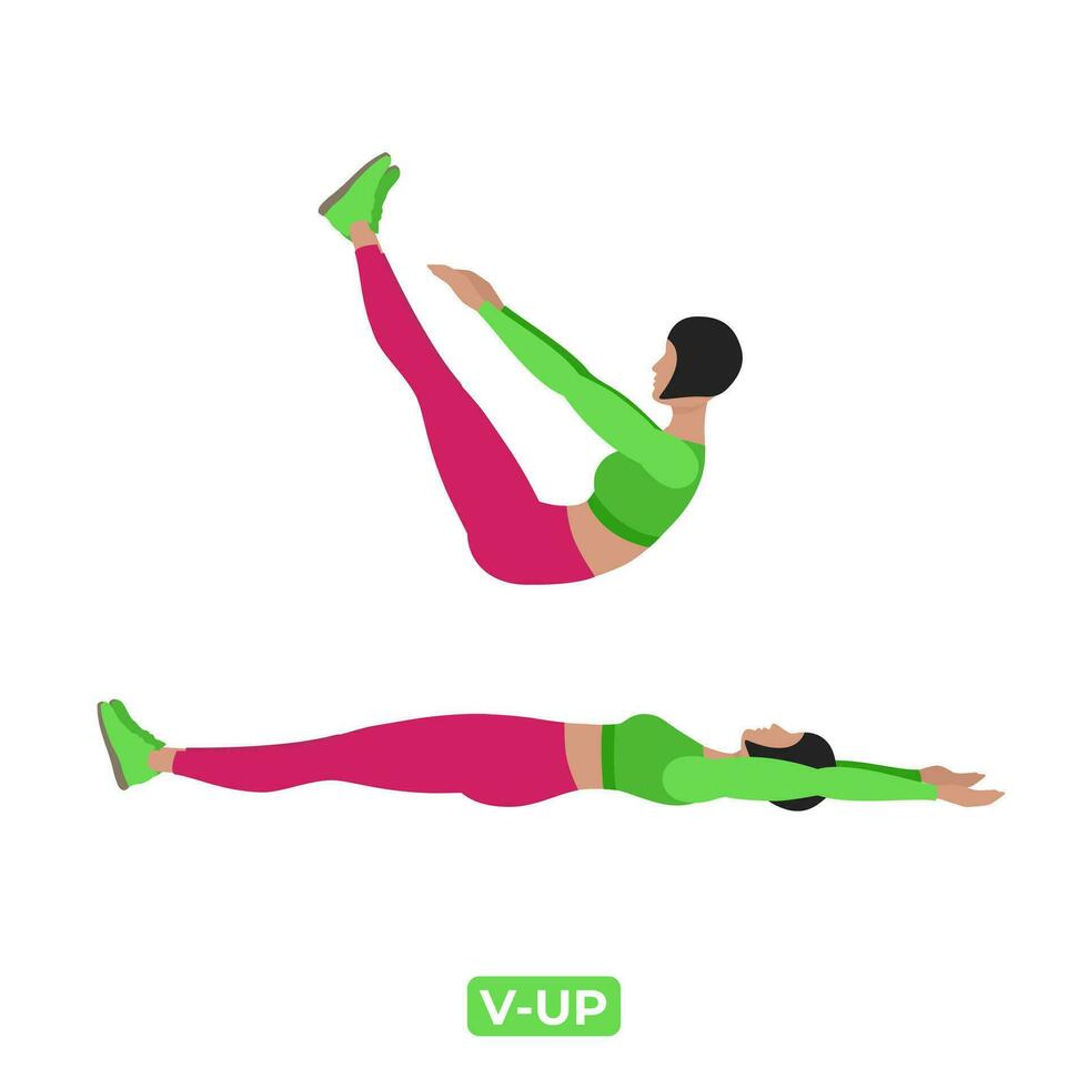Vector Woman Doing V Up. Bodyweight Fitness ABS and Core Workout Exercise. An Educational Illustration On A White Background.