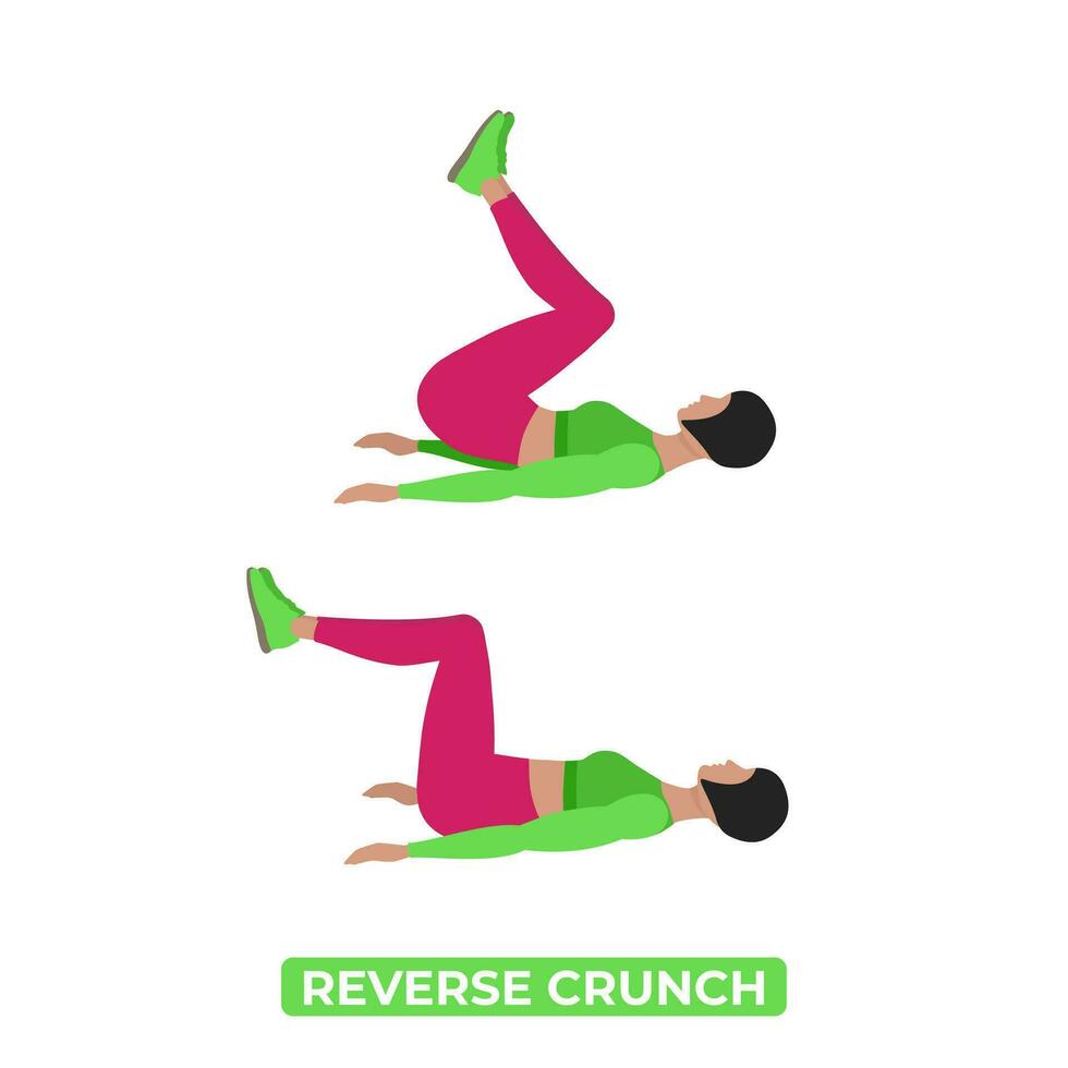 Vector Woman Doing Reverse Crunch. Bodyweight Fitness ABS Workout Exercise. An Educational Illustration On A White Background.