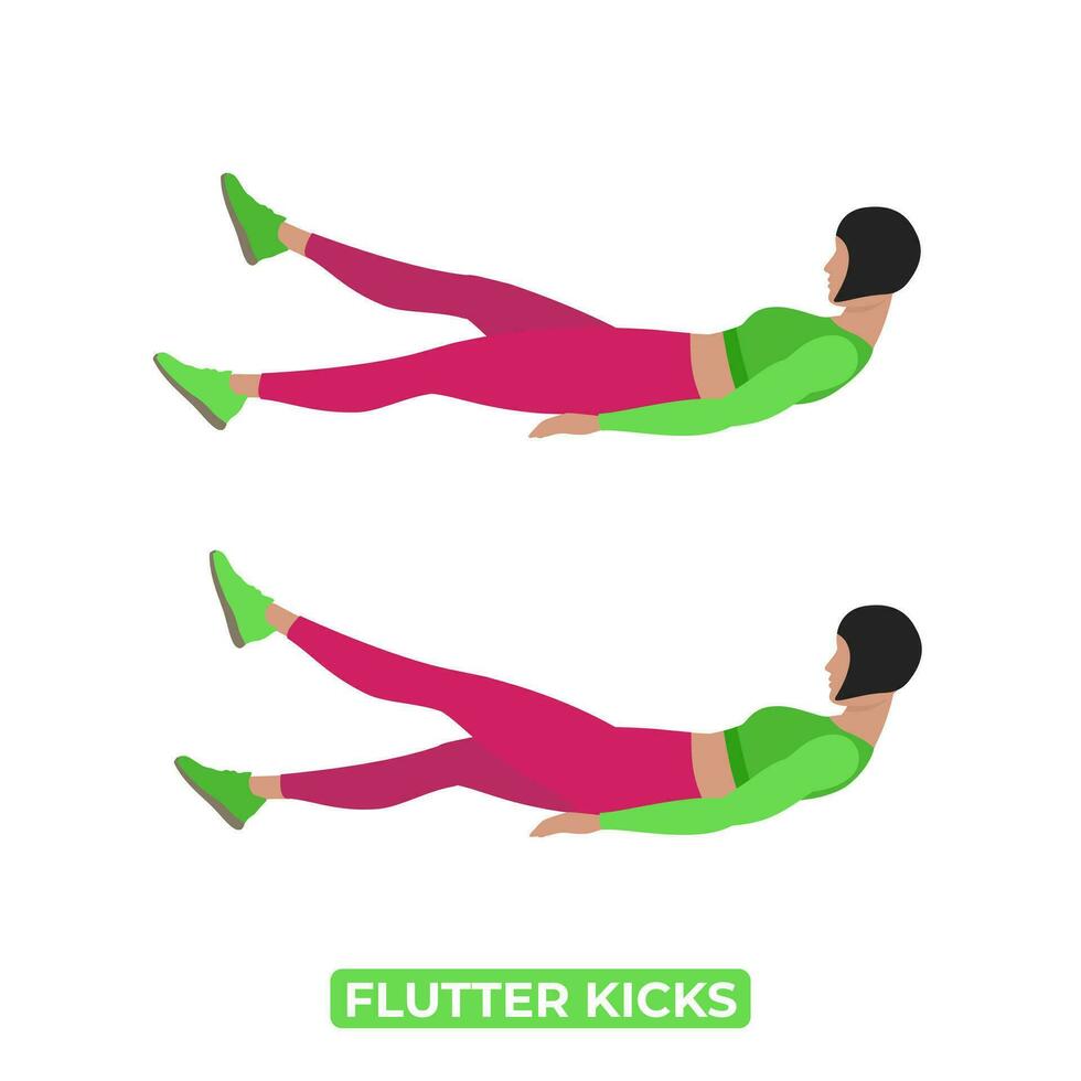 Vector Woman Doing Flutter Kicks. Bodyweight Fitness ABS and Core Workout Exercise. An Educational Illustration On A White Background.