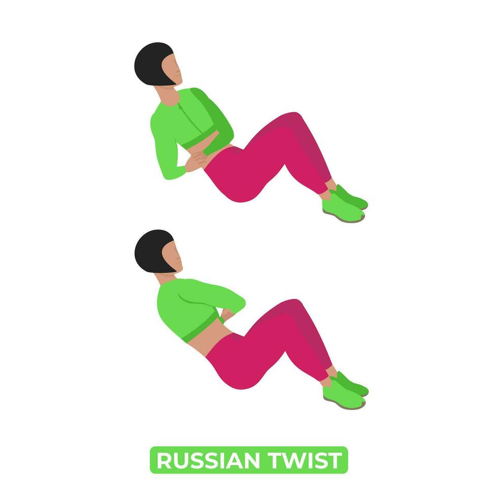 vector mujer haciendo ruso girar. peso corporal aptitud abdominales rutina de ejercicio ejercicio. un educativo ilustración en un blanco antecedentes.