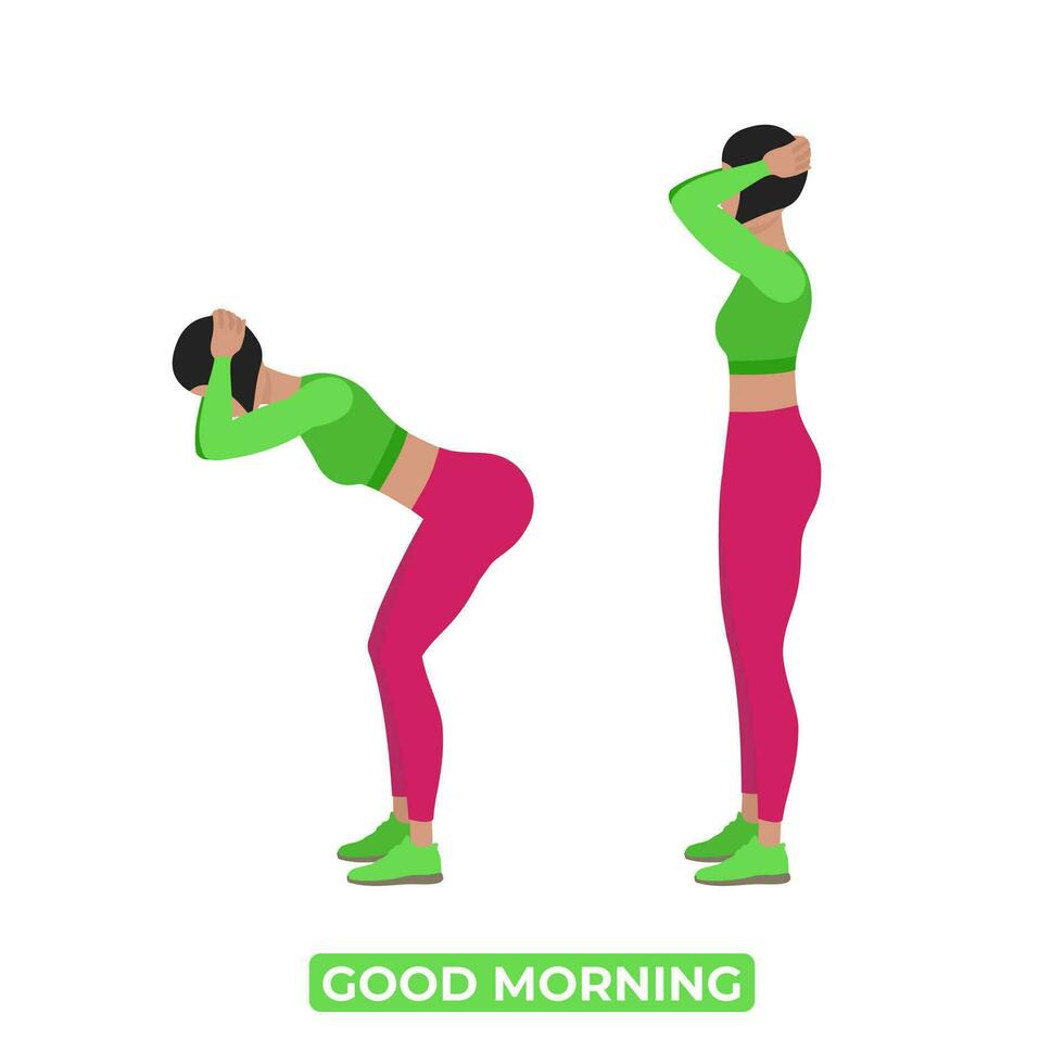 Vector Woman Doing Good Morning. Bodyweight Fitness Legs Workout Exercise. An Educational Illustration On A White Background.