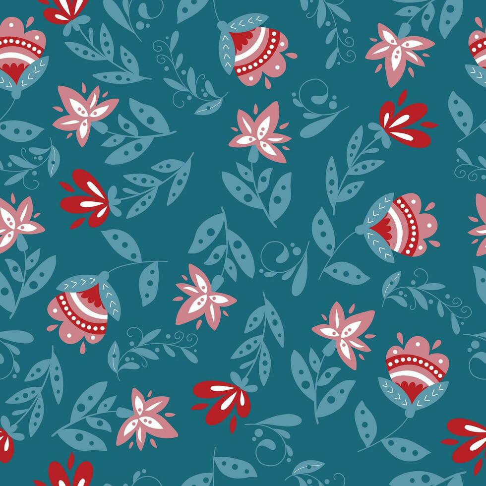 Hand drawn scandinavian folk art pattern with flowers and leaves. Vector seamless Christmas design.