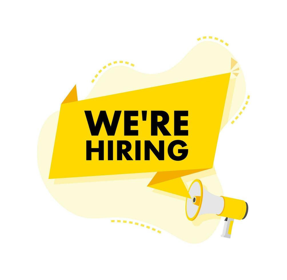 We re hiring. White text on blue background. Vector illustration.