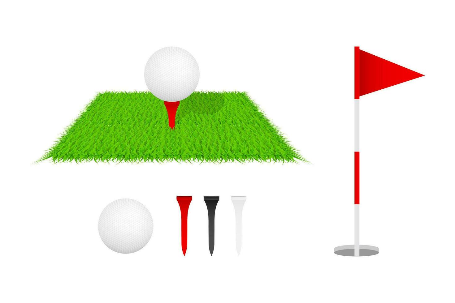 Golf club, golf flag, golf ball and green glass. Golf icon set. Vector stock illustration.