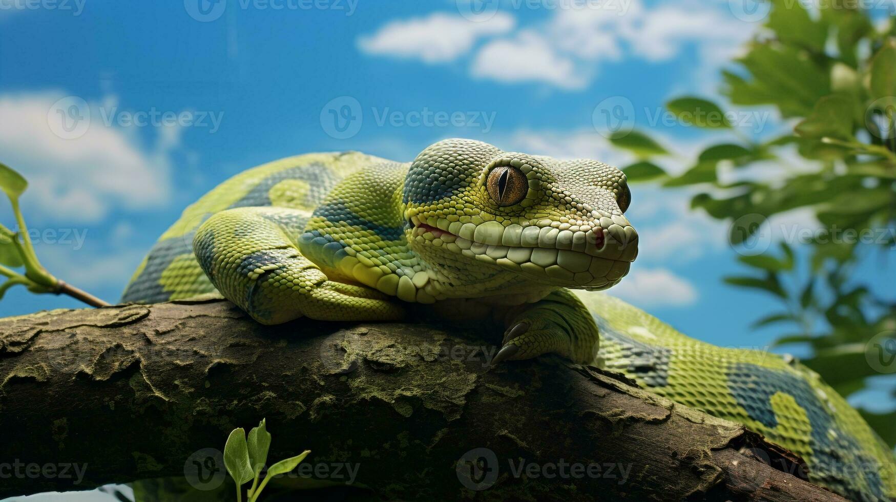 Photo of a Green Tree Python under Blue Sky. Generative AI