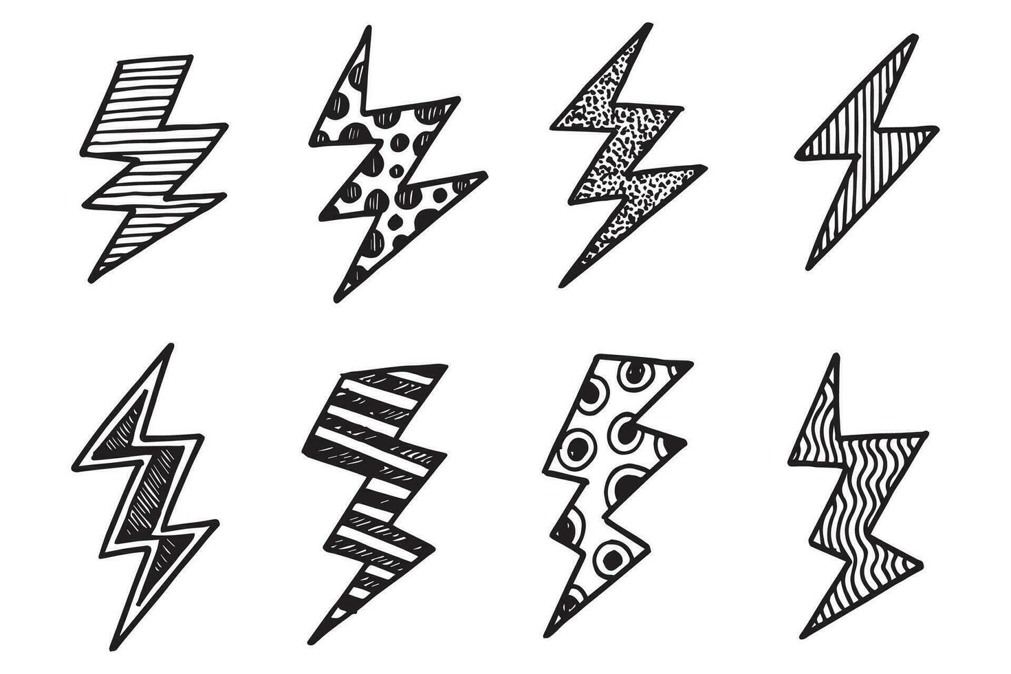 set of hand drawn vector doodle electric lightning bolt symbol sketch illustrations. thunder symbol doodle icon .