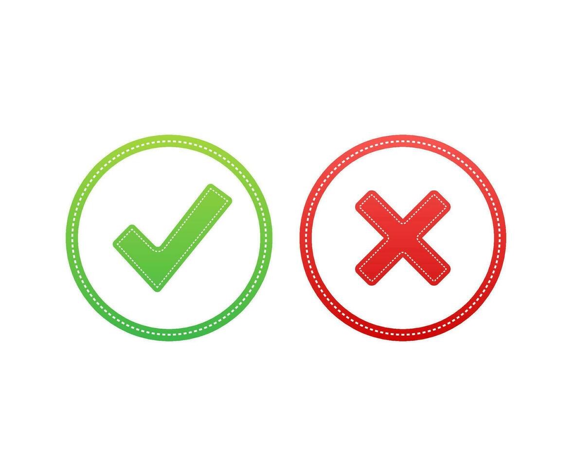 Tick and cross signs. Green checkmark OK and red X icon. Symbols YES and NO button for vote. Vector stock illustration.