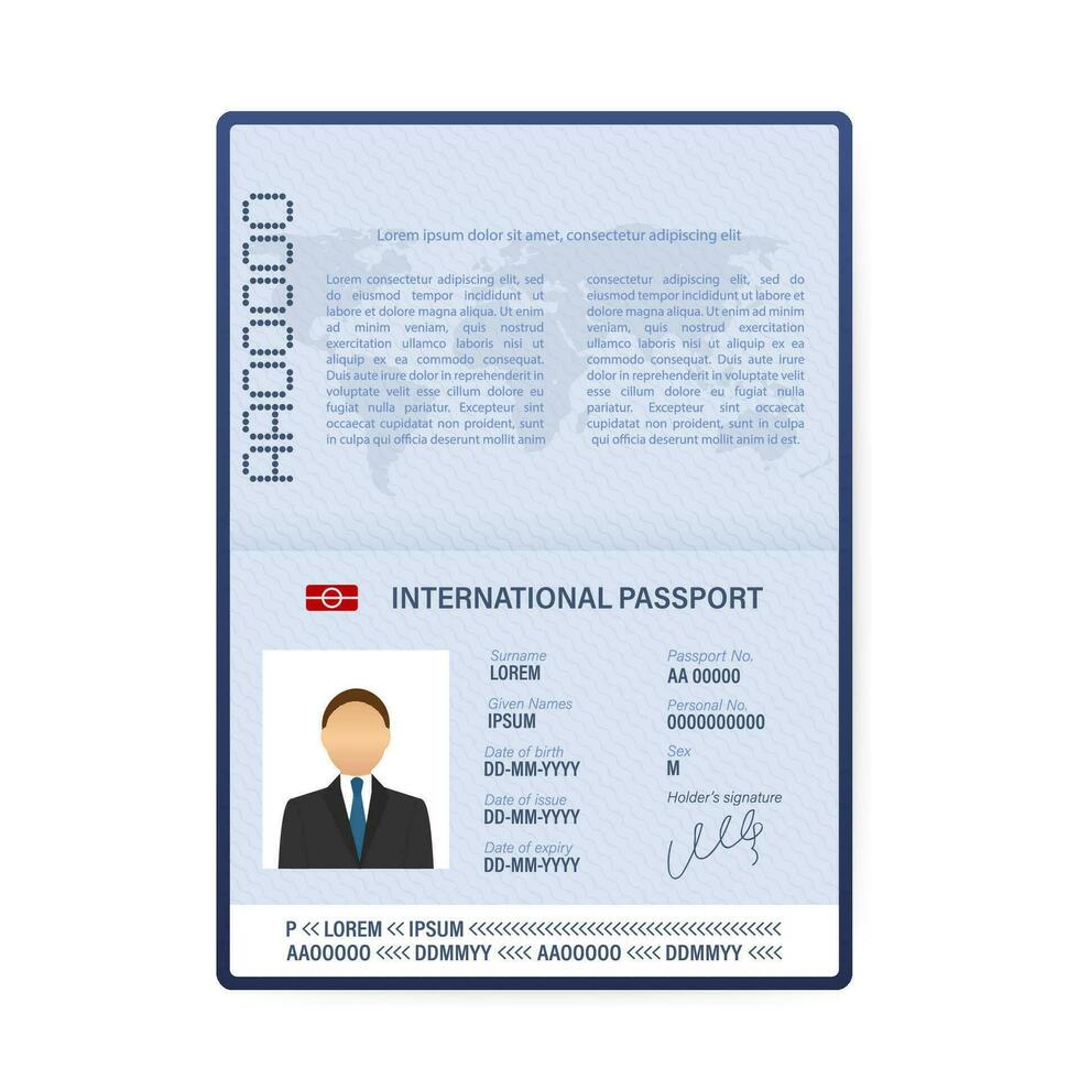 Blank open passport template. International passport with sample personal data page. Vector stock illustration