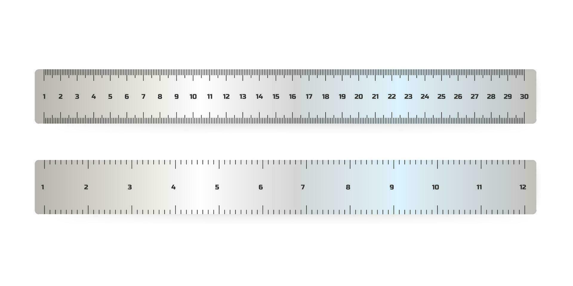 Realistic metal ruler measuring scale. Vector markup for 15 inches 30 centimeters rulers, metal measure tool cm meter instrument. Vector stock illustration.