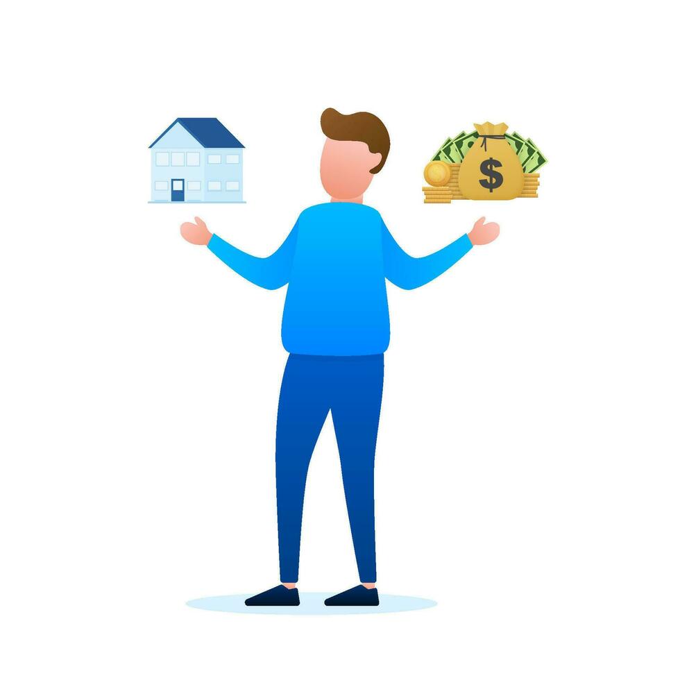 Man choosing between two options money and house. Vector stock illustration.
