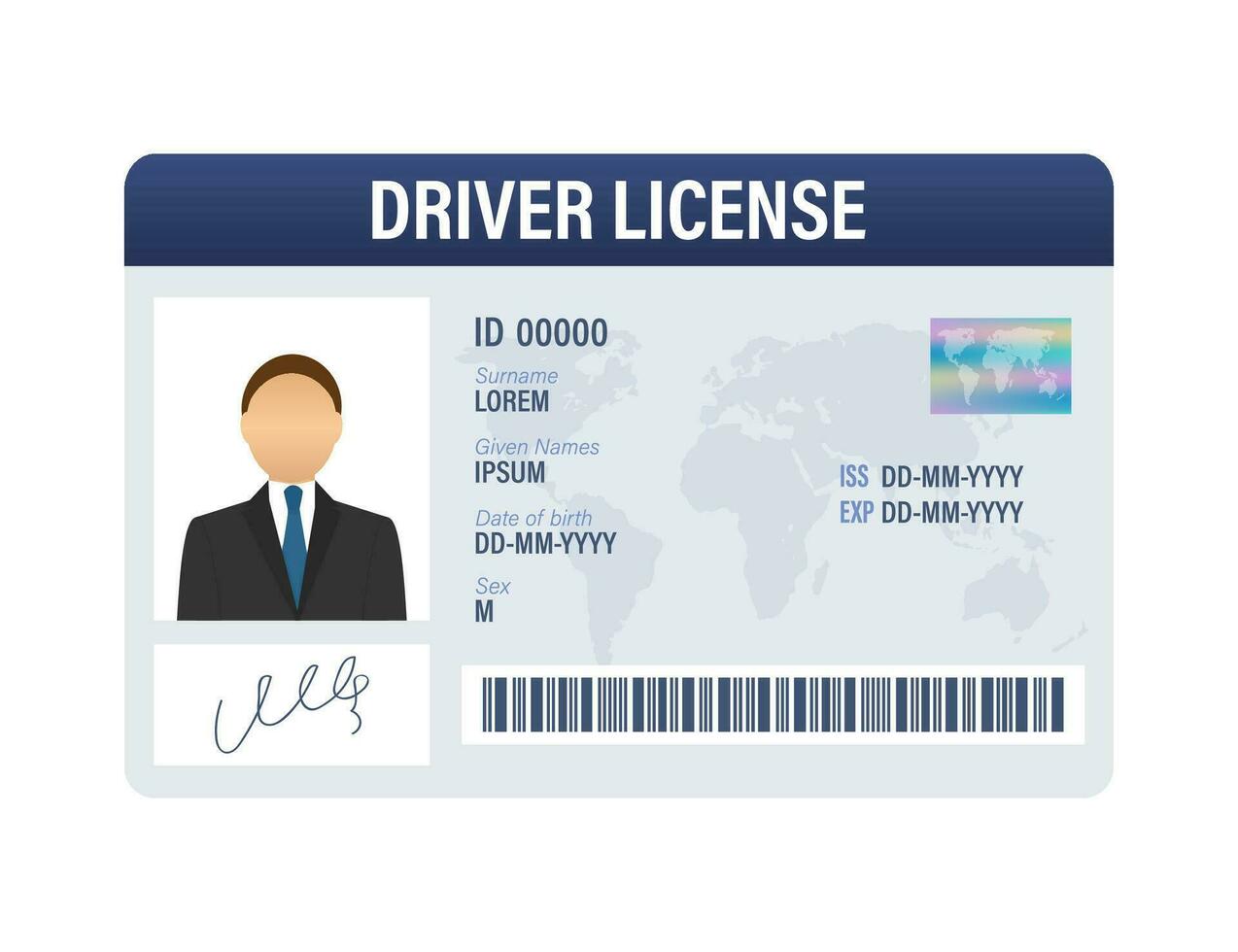 hombre conductor licencia el plastico tarjeta modelo. carné de identidad tarjeta. vector valores ilustración