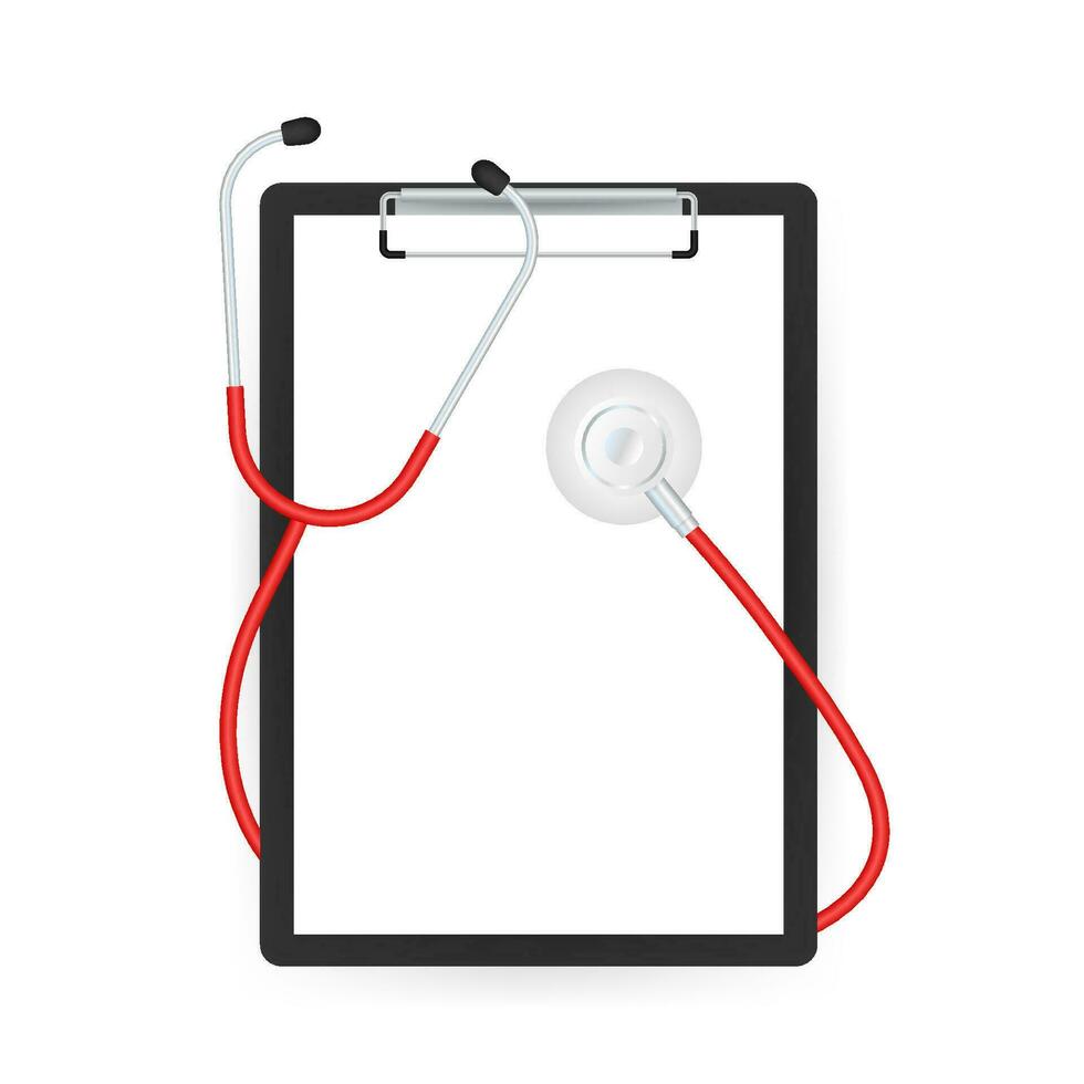 Stethoscopes and clipboard, medical equipment for doctor. Vector stock illustration.