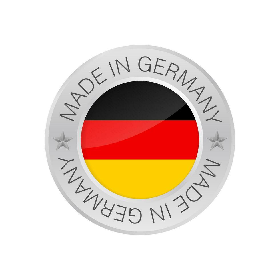 Glossy metal badge icon, made in Germany with flag. Vector stock illustration