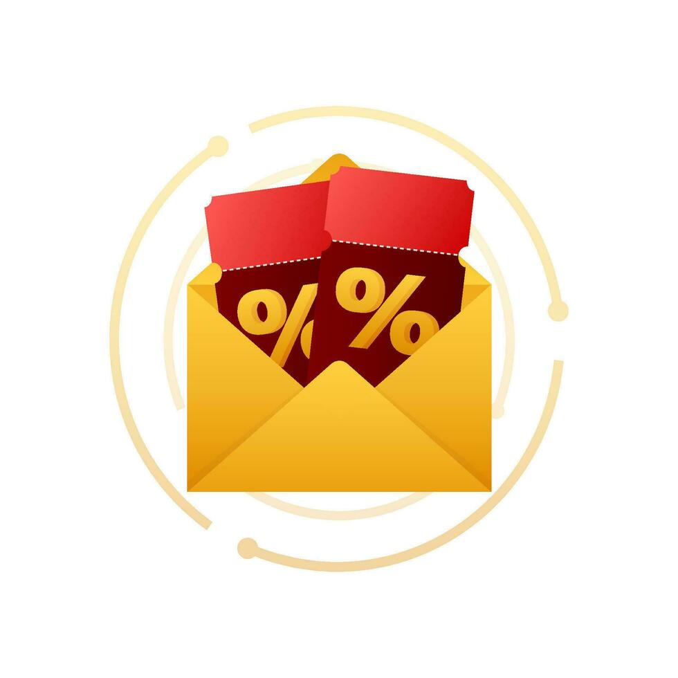 Yellow envelope with ticket percent for banner design. Percentage, discount, sale, promotion concept. vector